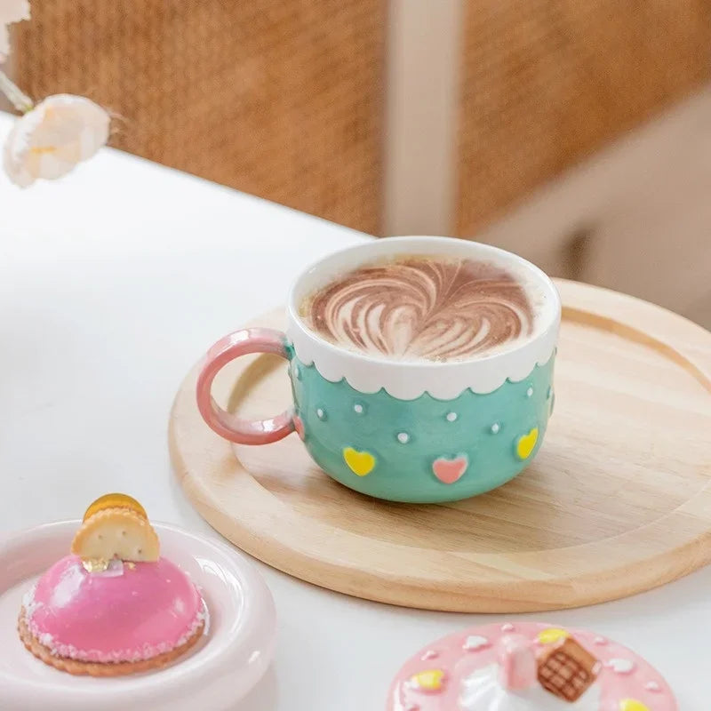 Axyaa Ceramic Cake Pattern Coffee Mug with Cover and Large Capacity