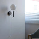 Axyaa Modern Black Iron LED Wall Light with Pull Chain Switch & White Glass