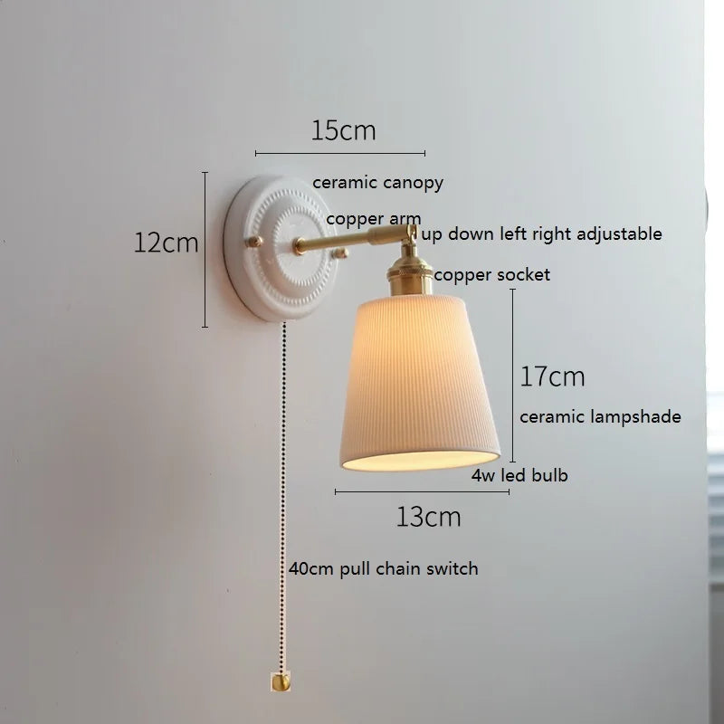 Axyaa Ceramic LED Wall Sconce with Adjustable Copper Arm - Pull Chain Switch