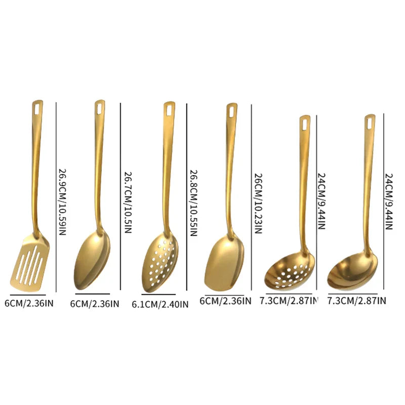 Axyaa 6pcs Korean Stainless Steel Kitchenware Set - Golden Soup Spoon, Colander, Hot Pot Spoon