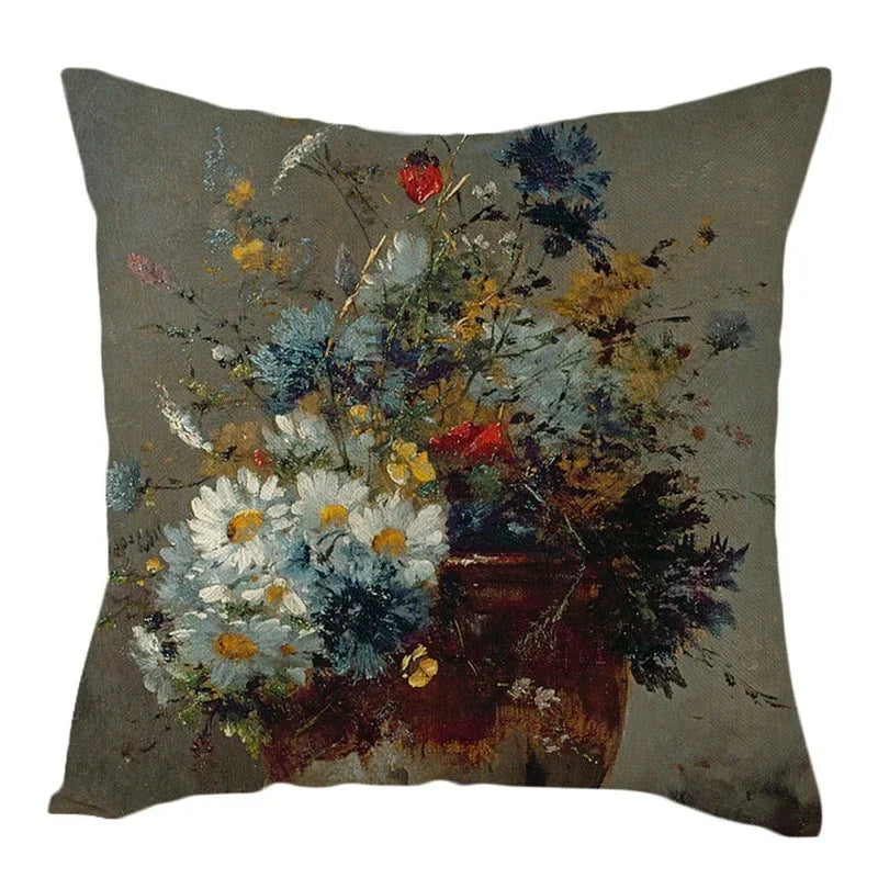Axyaa Rose Vase Floral Cushion Cover - Orange Pomegranate Sofa Pillow Case
