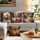 Axyaa Deer & Poinsettia Holiday Lights Cushion Covers for Sofa, Bedroom, Car