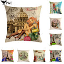 Axyaa Retro Bike Woman Linen Pillowcase 45*45cm Decorative Sofa Cushion Cover