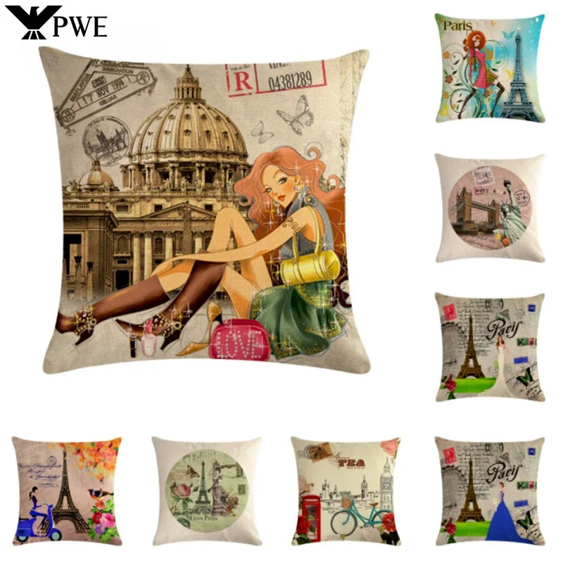 Axyaa Retro Bike Woman Linen Pillowcase 45*45cm Decorative Sofa Cushion Cover
