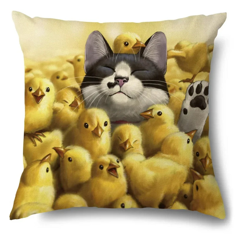 Axyaa Cartoon Kitty Cat Linen Pillowcase for Bed, Couch, and Sofa Décor