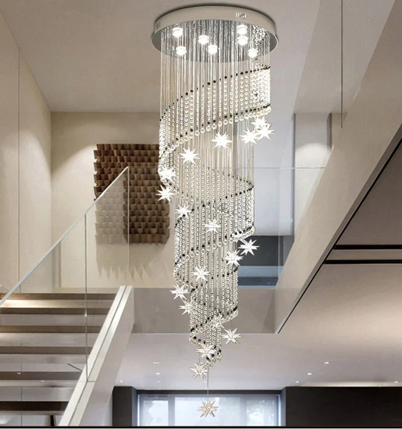 Axyaa Moon Star Crystal Chandelier: Spiral Design for Modern Lobby and Stair Lighting
