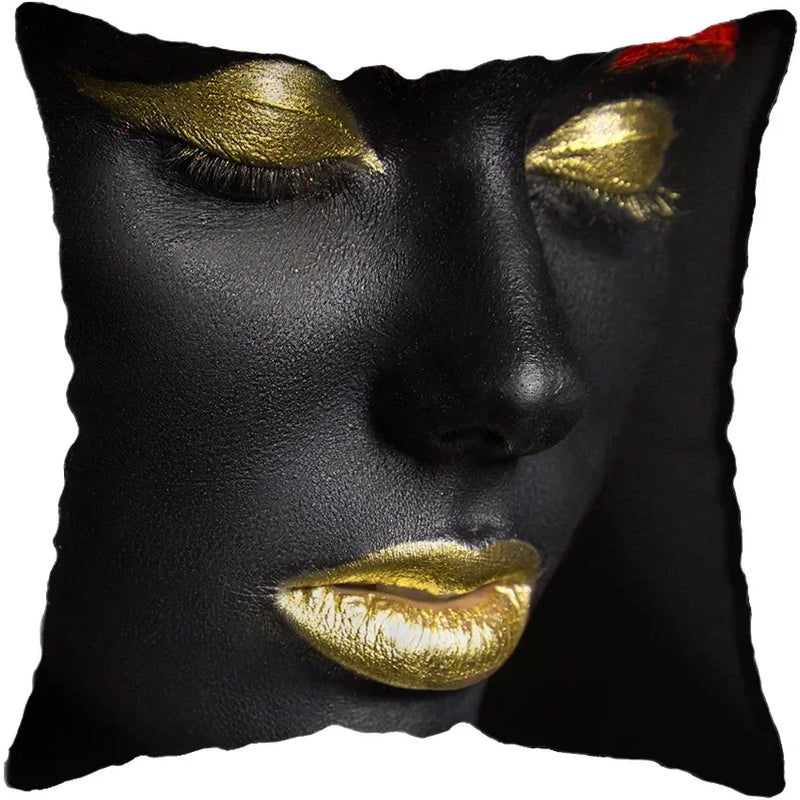 Axyaa Black Gold African Lady Woman Art Deco Pillowcase