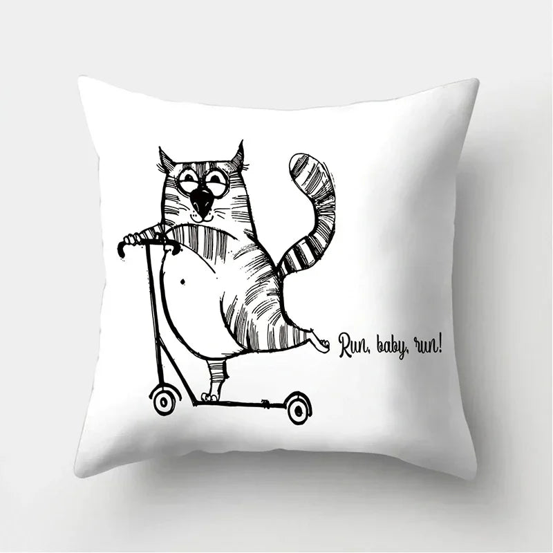 Axyaa Black & White Cat Pattern Cushion Cover for Living Room, Bedroom & Sofa