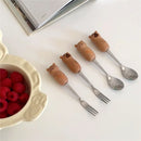 Axyaa Kids Bear Cat Cutlery Set: Stainless Steel Spoon & Fork Utensils Gift