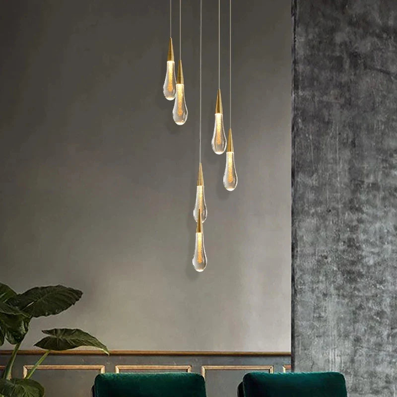 Axyaa Water Drop LED Chandelier for Revolving Stair Lighting in Luxury Villa