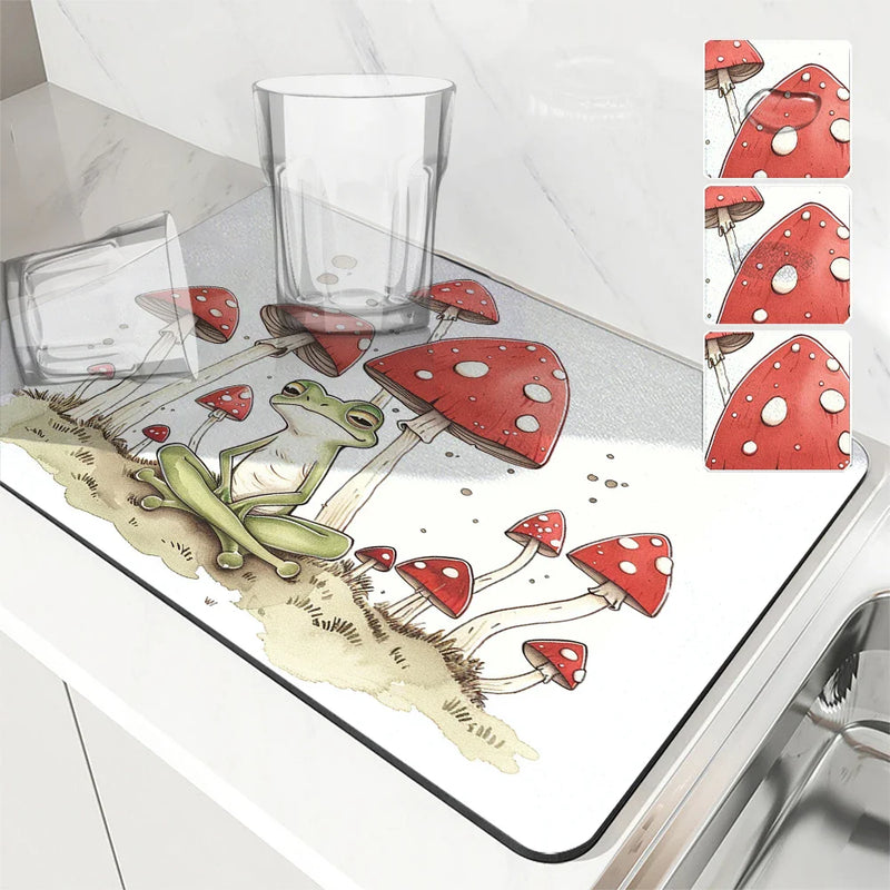 Axyaa Watercolor Frog Mushroom Kitchen Drying Mat