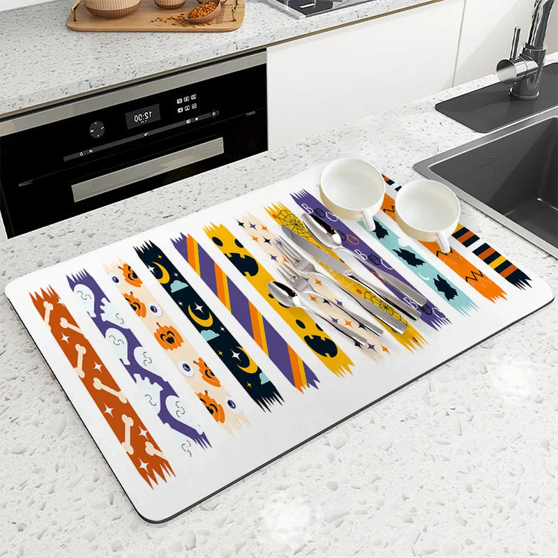 Axyaa Halloween Pumpkin Skull Drying Mat: Non-Slip Absorbent Tableware Mat for Kitchen Counter