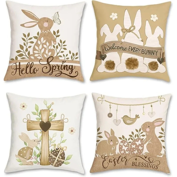 Easter Rabbit & Cross Egg Print Pillow Cover for Farmhouse Decor by Axyaa