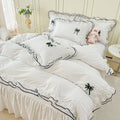 Axyaa Princess Bow Seersucker Bedding Set: Ruffle Lace Bed Skirt, Solid Duvet Cover Queen King