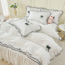 Axyaa Princess Bow Seersucker Bedding Set: Ruffle Lace Bed Skirt, Solid Duvet Cover Queen King