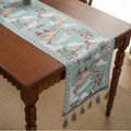 Axyaa Blue & White Porcelain Jacquard Table Runner with Tassel for Living Room Decor