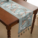 Axyaa Blue & White Porcelain Jacquard Table Runner with Tassel for Living Room Decor