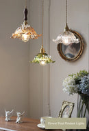 Axyaa Vintage Floral Glass Pendant Lamp with Handblown Lampshade—Brass or Wood Fixture