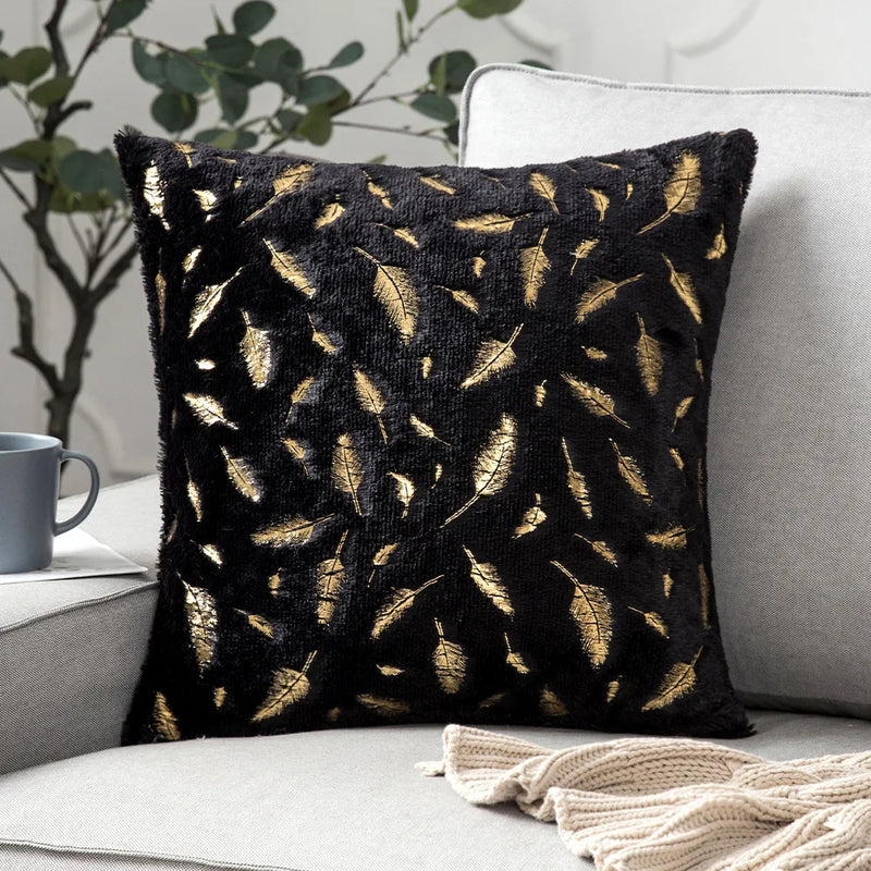 Axyaa Bronzing Golden Feather Style Plush Pillowcase for Festive Home Decor