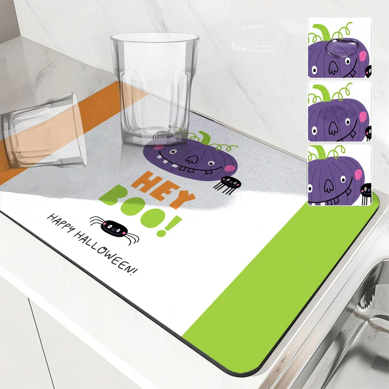 Axyaa Halloween Cat Drain Pad, Absorbent Anti-Slip Mat for Dishes and Cups