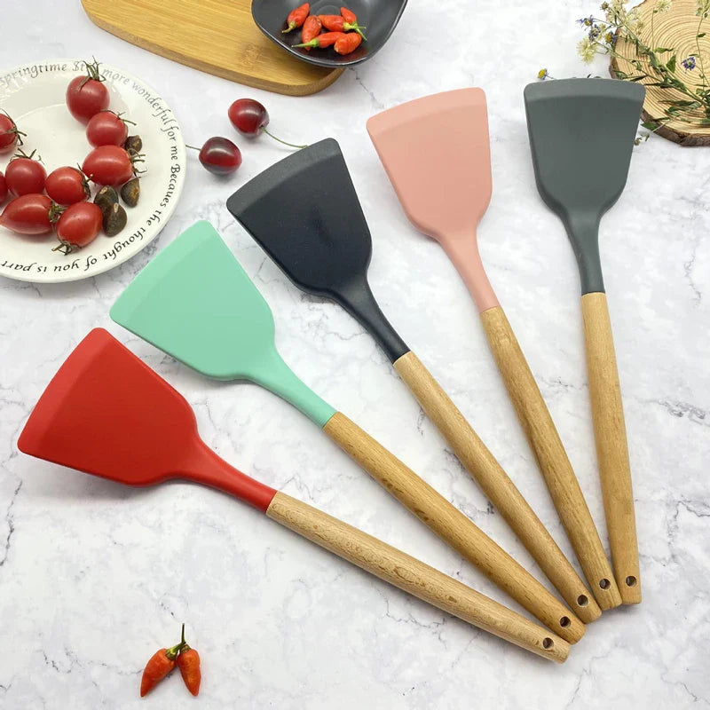 Axyaa Silicone Cooking Spatula Turner with Wooden Handle - Home Kitchen Utensil