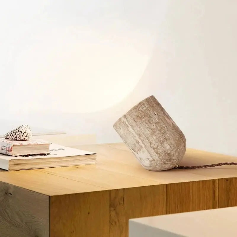 Axyaa Natural Yellow Travertine Stone Table Lamp, E27 Bedside Indoor Lighting for Bedroom, Living Room, Study