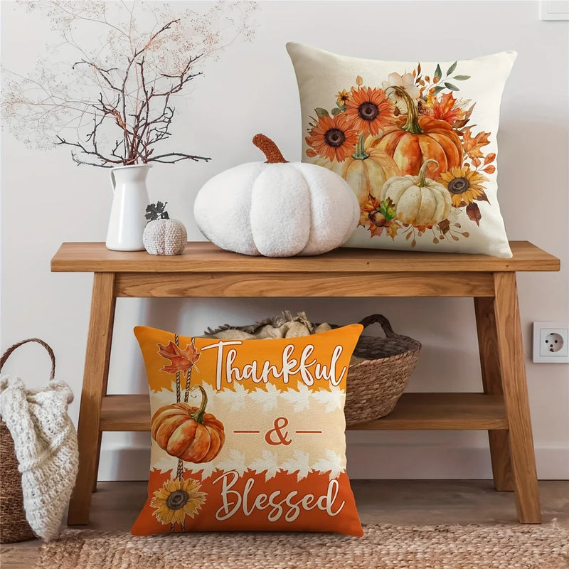 Autumn Velvet Pillow Covers, Maple Leaf & Floral Pumpkin Designs for Fall Decor - Axyaa