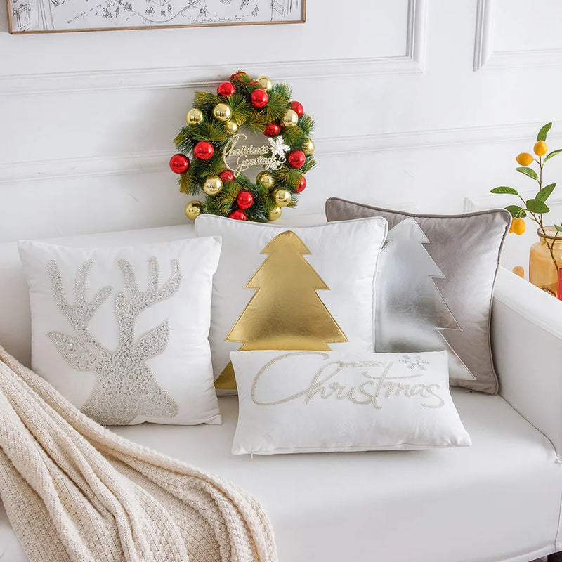 Grey Deer Christmas Tree Embroidered Cushion Cover by Axyaa – Cozy Living Room Decor