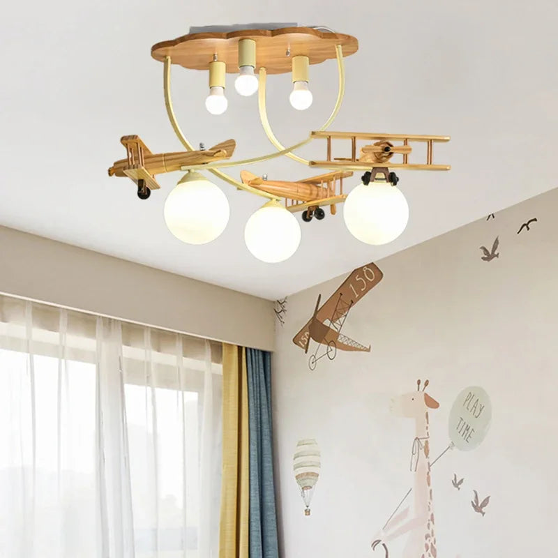 Wooden Airplane Chandelier Light for Children's Bedroom by Axyaa