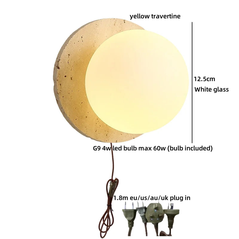 Axyaa White Glass Wall Lights with Yellow Stone Art - Pull Chain Switch, LED, Wabi Sabi Style