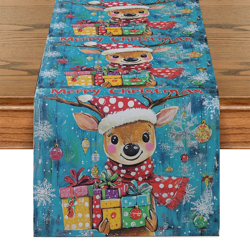 Axyaa Christmas Deer Table Runner for Kitchen Holiday Party Decor