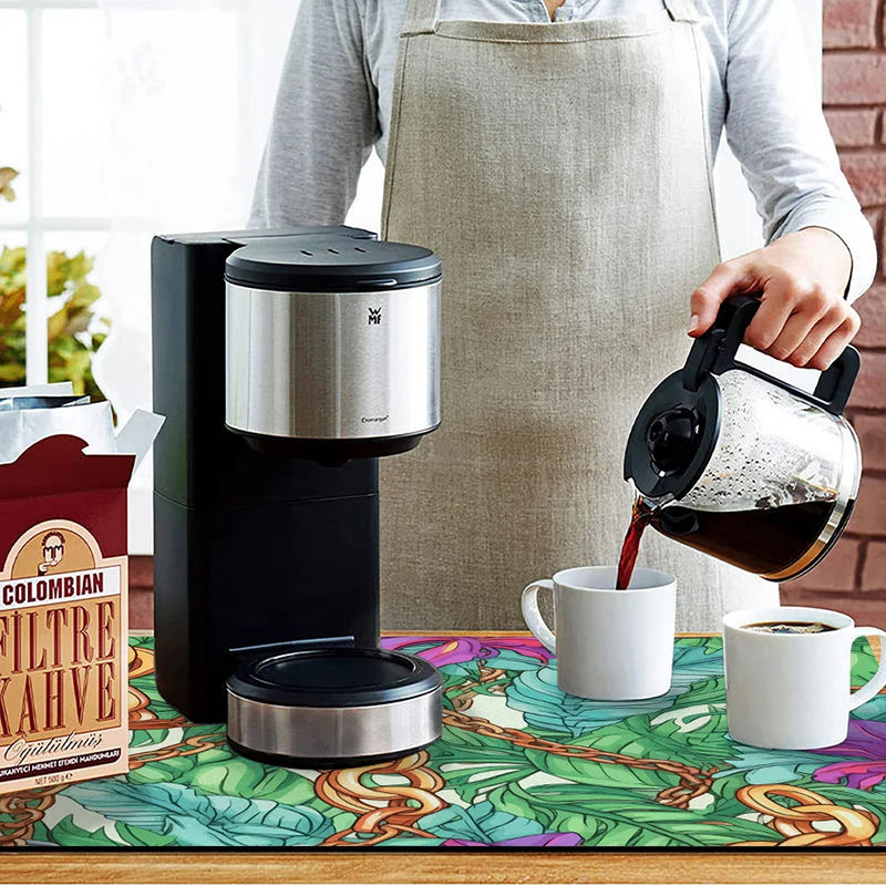 Tropical Palm Drying Mat by Axyaa: Absorbent Anti-Slip Coffee Mat & Table Placemat