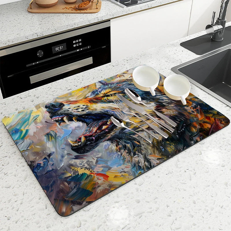 Axyaa Wolf Kitchen Drying Mat: Absorbent Placemat for Cup Drying & Table Decoration