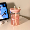 Axyaa 560ml Star Glass Water Bottle with Lid & Straw | Kawaii Aesthetic Tea Tumbler
