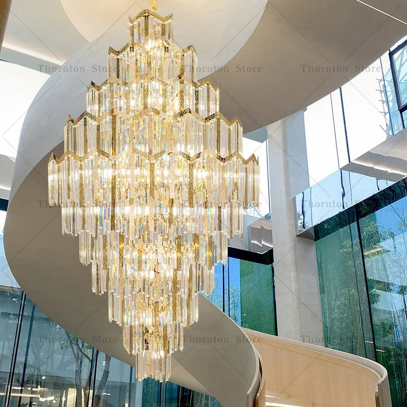 Axyaa Rotating Crystal Chandelier: Luxury Stair Light for Duplex Villas