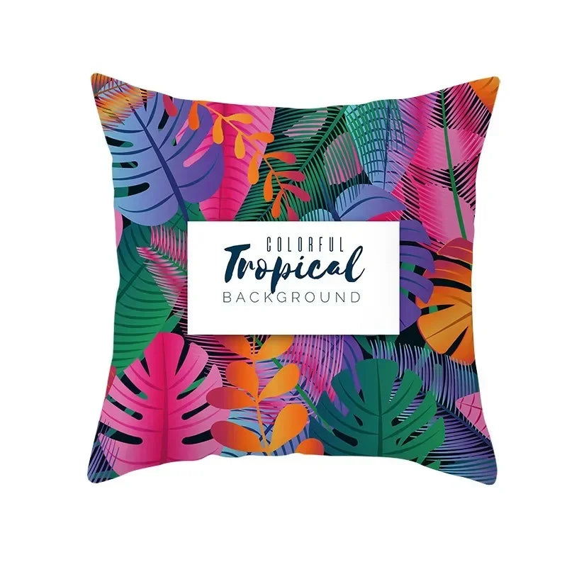 Flamingo Flower Rainforest Cushion Cover with Tropical Plant Animal Pattern by Axyaa