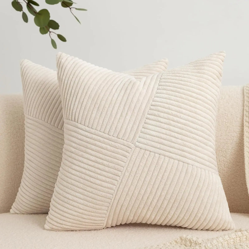 Beige Corduroy Striped Throw Pillow Covers 18x18 Inch for Couch, Axyaa Brand