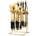 Axyaa Gold Ceramic Dinnerware Set with Stainless Steel Flatware & Cutlery in Luxe Storage Rack