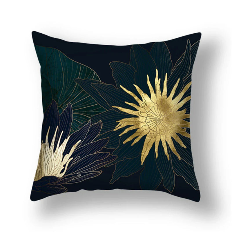Axyaa Gold Leaf Flower Cushion Cover - Decorative Square Pillow for Home and Car