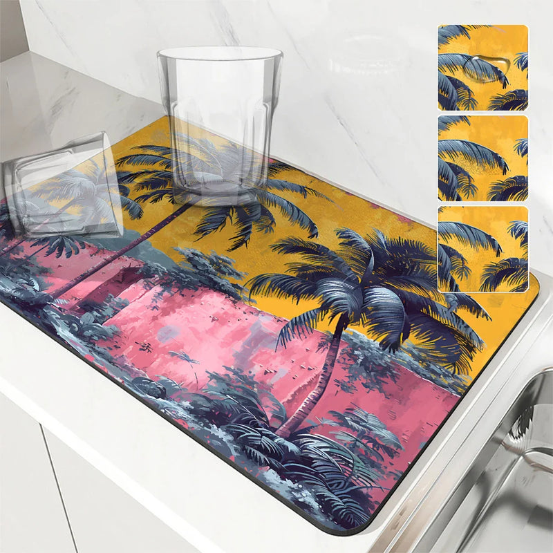 Tropical Plants Drying Mat by Axyaa: Non-Slip Absorbent Tableware Mat