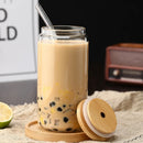 Axyaa Glass Cups with Bamboo Lids and Straw, Mason Jars Coffee Mug Beer Can Shape