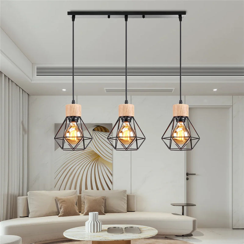 Axyaa Wood Iron Cage Pendant Lamp 1/3 Heads for Living Room Kitchen Restaurant