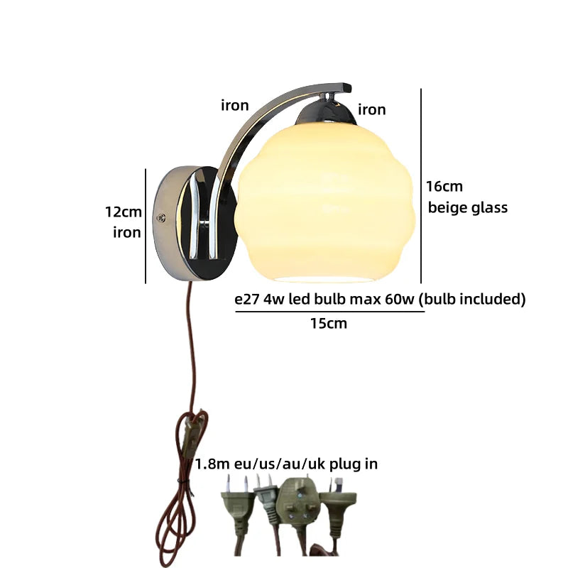Axyaa Nordic LED Wall Sconce with Switch, Glass Shade, E27 Bulb