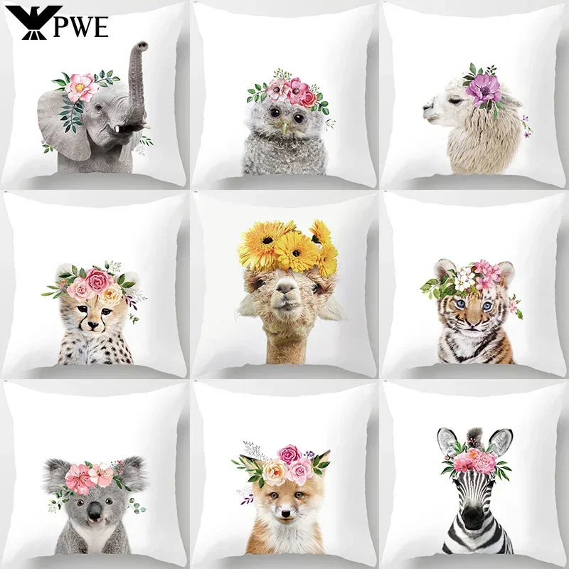 Cute Animals Print Decor Pillowcase by Axyaa - Pink Flower Theme