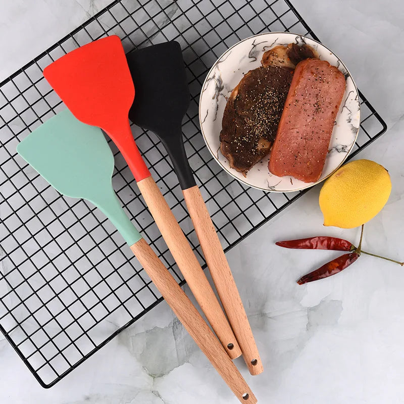 Axyaa Silicone Cooking Spatula Turner with Wooden Handle - Home Kitchen Utensil