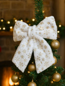 Axyaa White Furry Gold Snowflake Print Christmas Tree Topper Bow & Hanging Ornaments