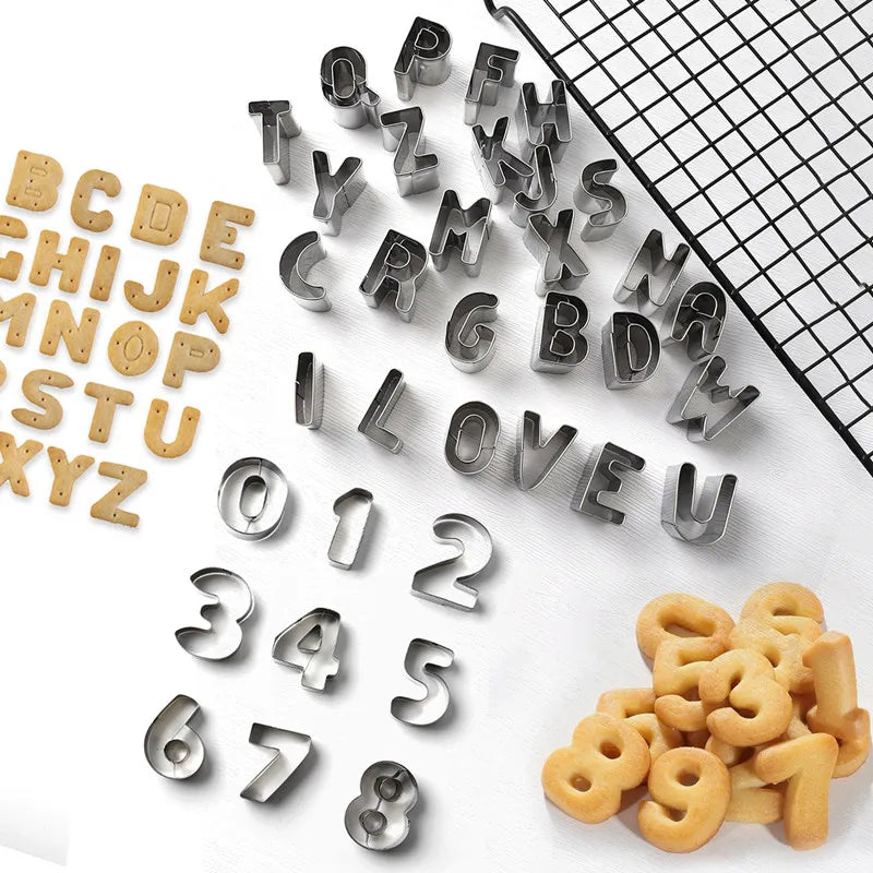 Axyaa Alphanumeric Cookie Mold Set: Stainless Steel Bakeware for DIY Baking & Dessert Decorating