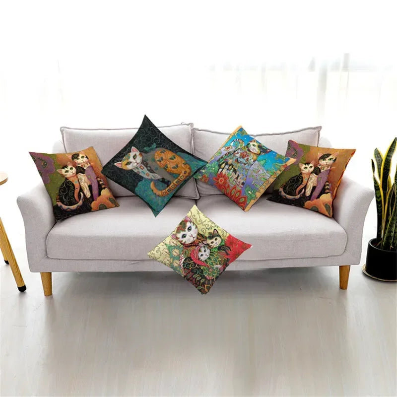 Axyaa Retro Cat Pillow Cover for Sofa Decor, Boho Style Pillowcase