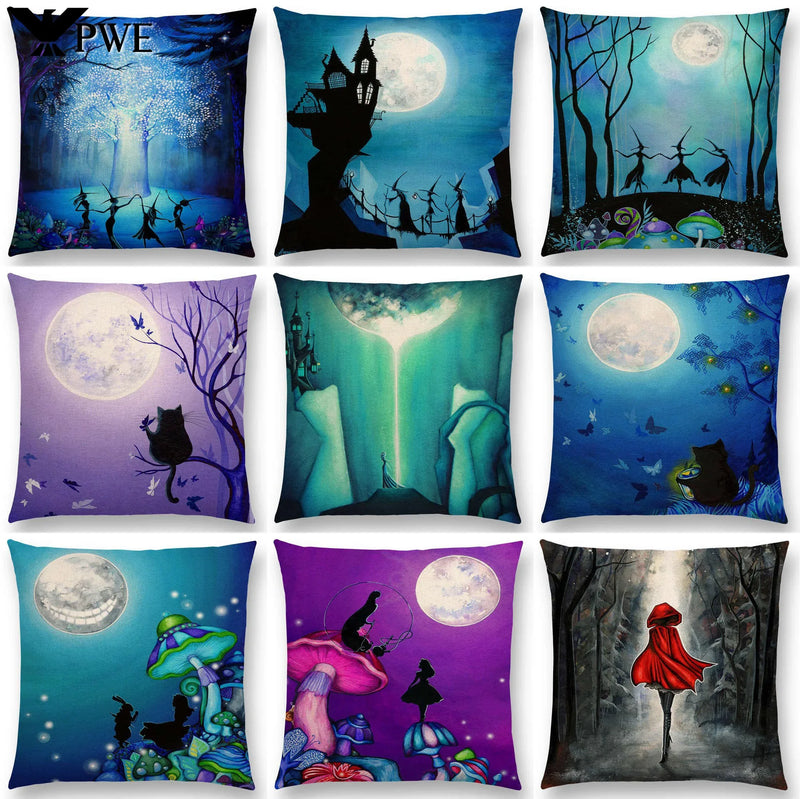 Cute Cat Moon Night Wonderland Witch Halloween Dance Pillow Cover by Axyaa