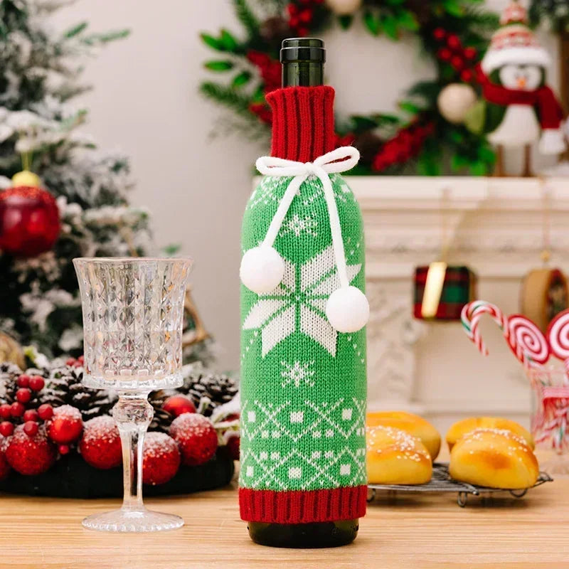 Knitted Snowflake Elk Christmas Wine Bottle Cover by Axyaa